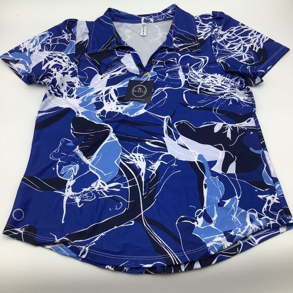 The Bubble Womens Birdie Polo Golf Tennis Top Blue‎ Floral Size Medium NWT - Picture 1 of 9